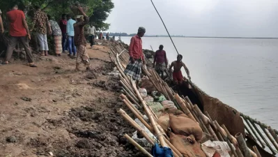 বাঁধ মেরামতে ব্যাস্ত কৃষকরা।