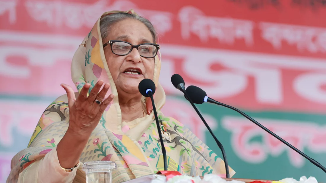 বক্তব্য দিচ্ছেন প্রধানমন্ত্রী ও আওয়ামী লীগ সভাপতি শেখ হাসিনা। ছবি: ফোকাস বাংলা