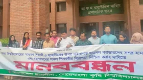 ঢাবিতে ছাত্রদলের হামলার প্রতিবাদে শেকৃবি ছাত্রলীগের মানববন্ধন