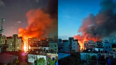 রাজধানীর মোহাম্মদপুরের কৃষি মার্কেটে ভয়াবহ আগুন। ছবি: সংগৃহীত
